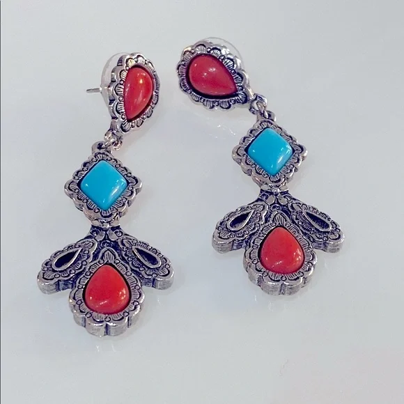 Silver Tone and Orange Dangle Earrings - Picture 1 of 4